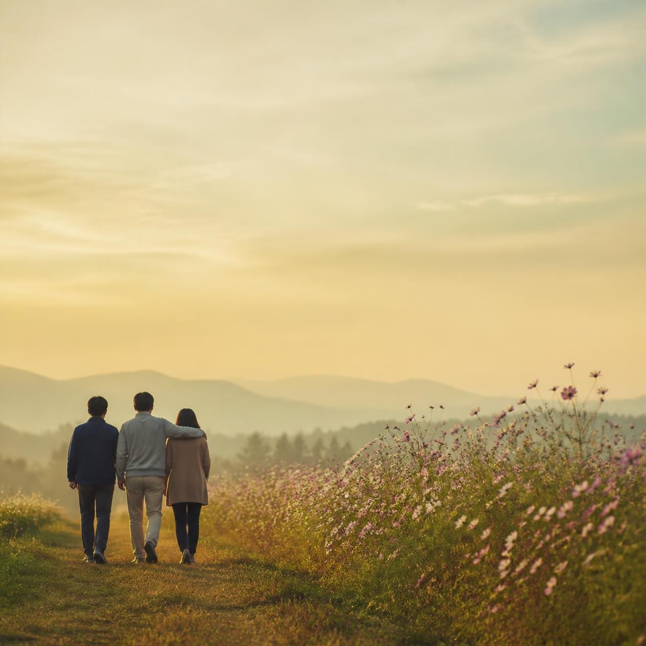 Three people walking together along a grass path at sunset, past wild cosmos flowers